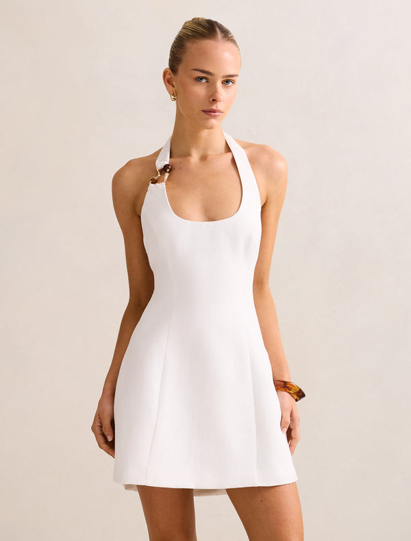 Tash Hardware Halter Linen Mini Dress Porcelain Forever New