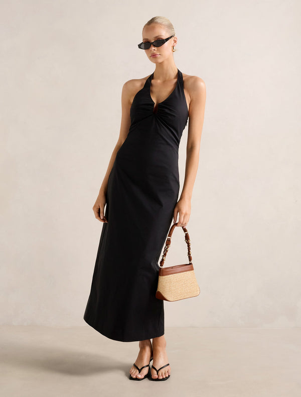 Tia Stretch Cotton Halter Midi Dress Black Forever New