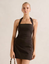 Imogen Stretch Cotton Halter Mini Dress Chocolate Mousse Forever New