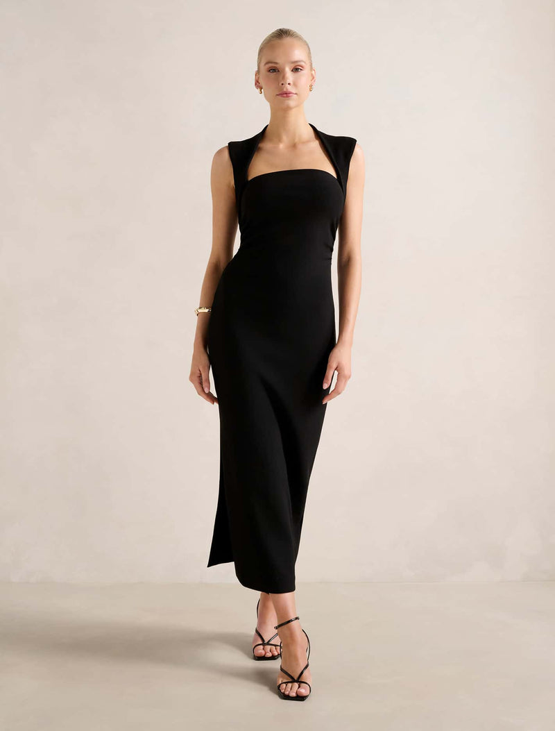 forever new black midi dress Forever New fallen shoulder linen look midi dress in black