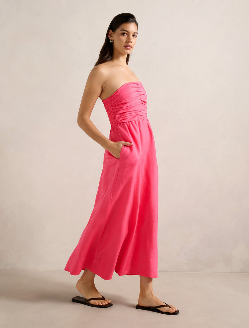 Matisse Ruched Strapless Linen Midi Dress Forever New