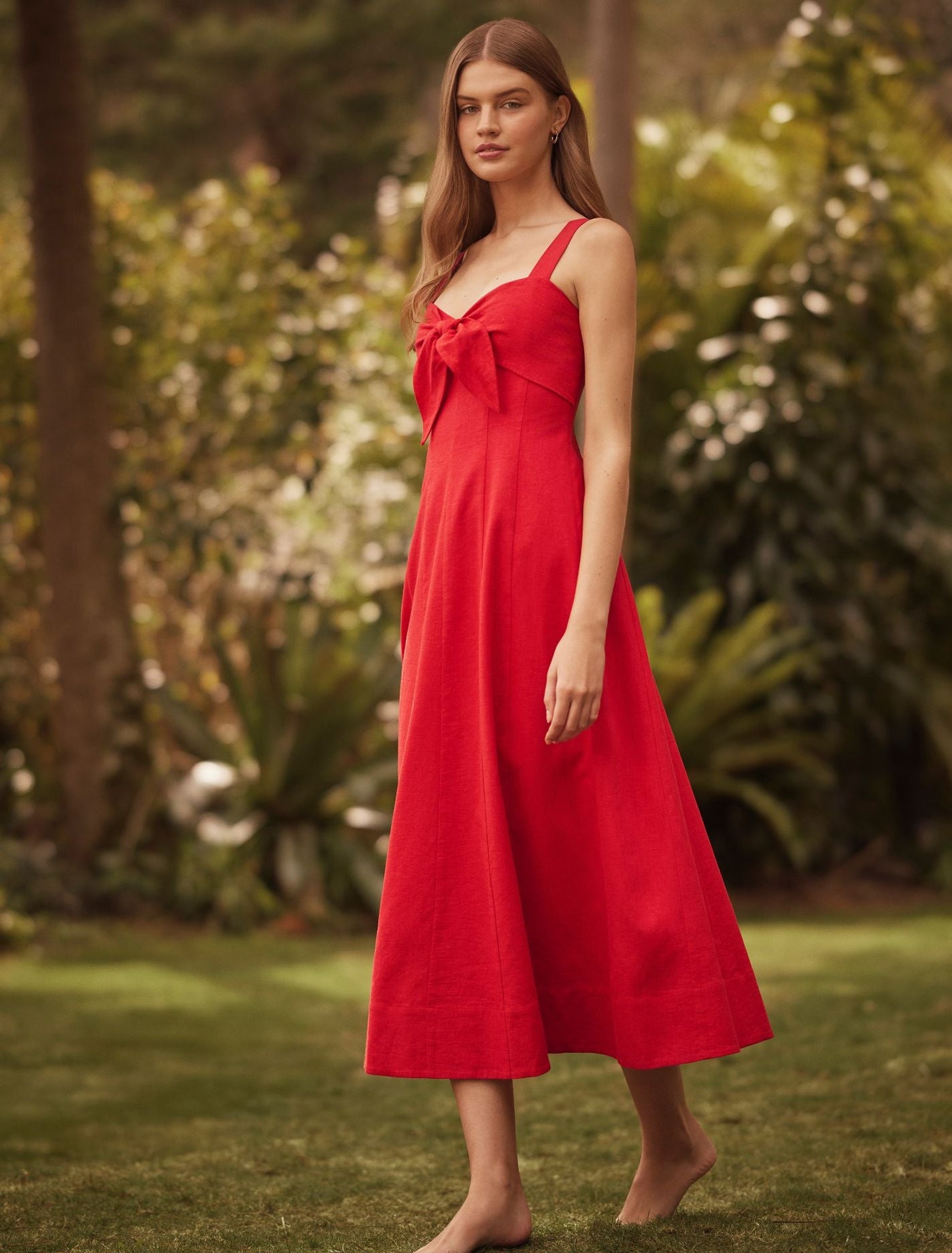 Kara Tie Front Linen Midi Dress Bright Red