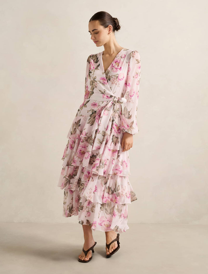 placed floral long sleeve midi dress ever new EVER NEW Courtney Placed Floral Long Sleeve Dress in Pink