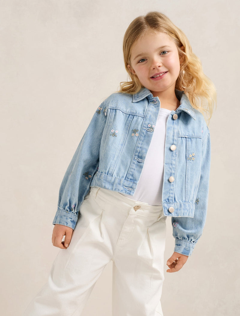 Kristen Girls Denim Emb Crop Jacket Stem Floral Forever New