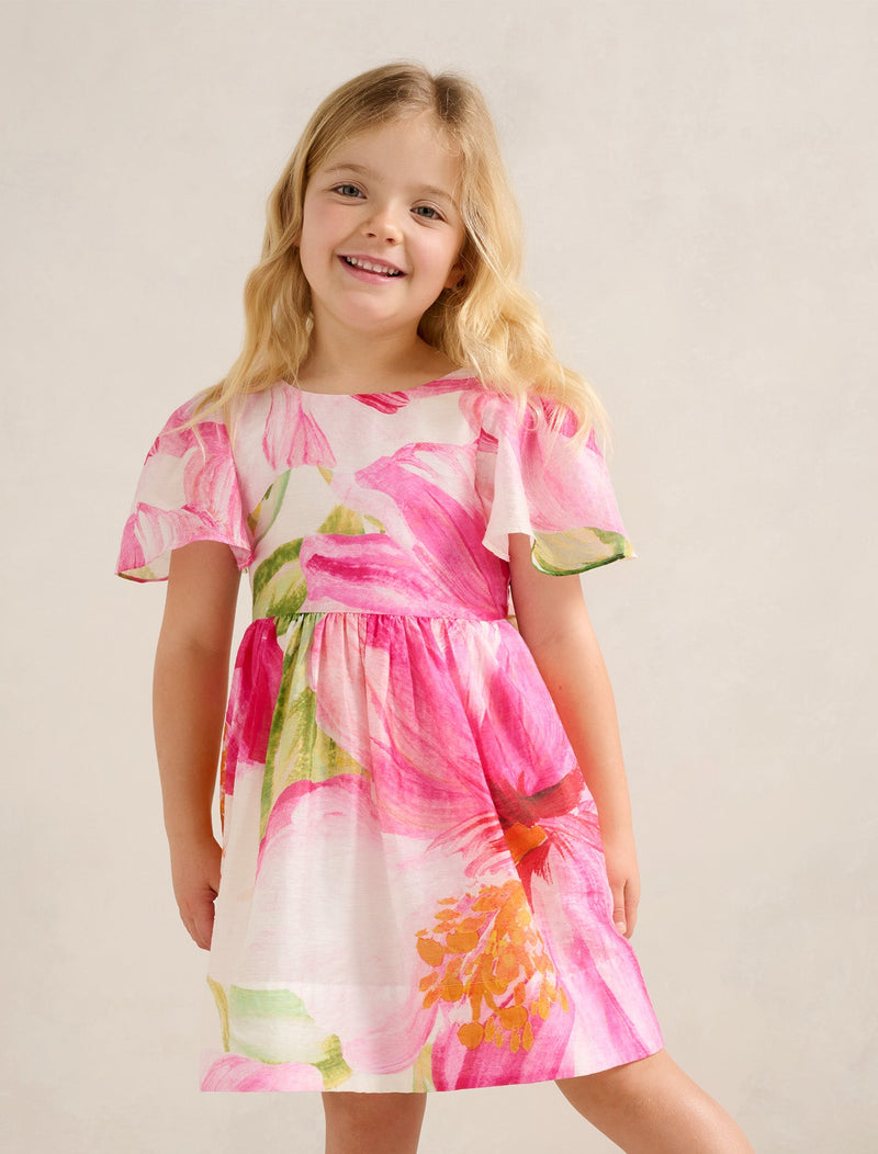 Chloe Girls Flutter Print Bow Dress Cora Tropical Forever New