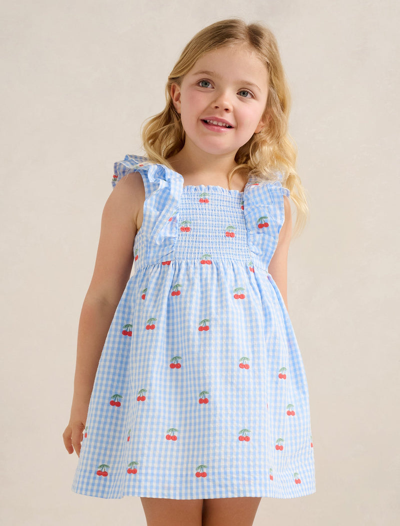 Brianna Girls Shirred Emb Dress Cherry Check Forever New