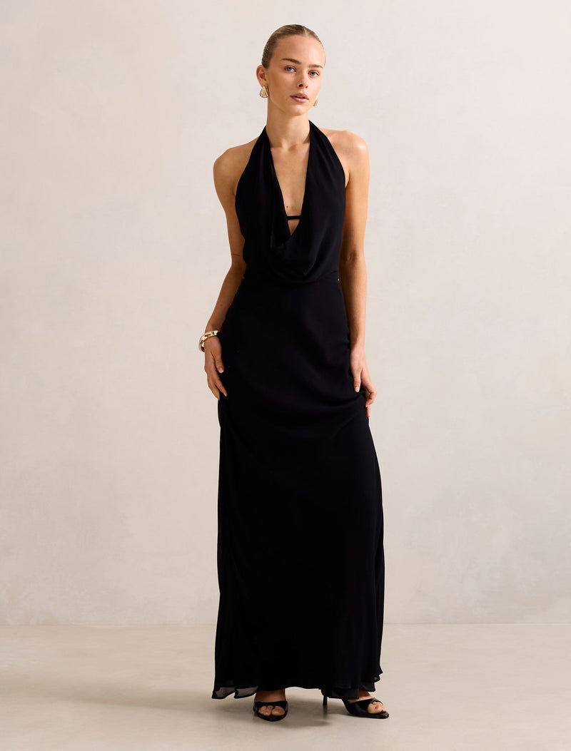 Marina Cowl Halter Dress Black Forever New