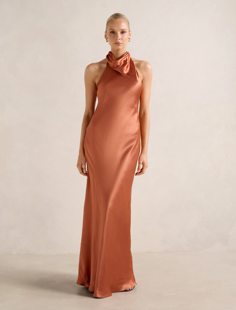 fitted lace wedding dress Clementine High Neck Satin Maxi Dress Rust