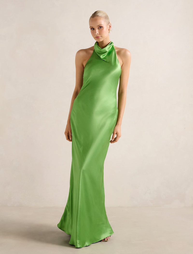 Clementine High Neck Satin Maxi Dress Shamrock | Forever New Clementine High Neck Satin Maxi Dress Shamrock | Forever New