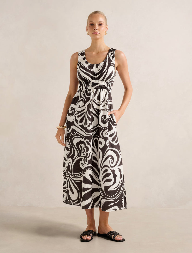 April Gathered Linen Midi Dress Collett Abstract Forever New
