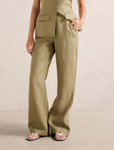 Tia Linen Wide Leg Pants Washed Khaki Set Forever New