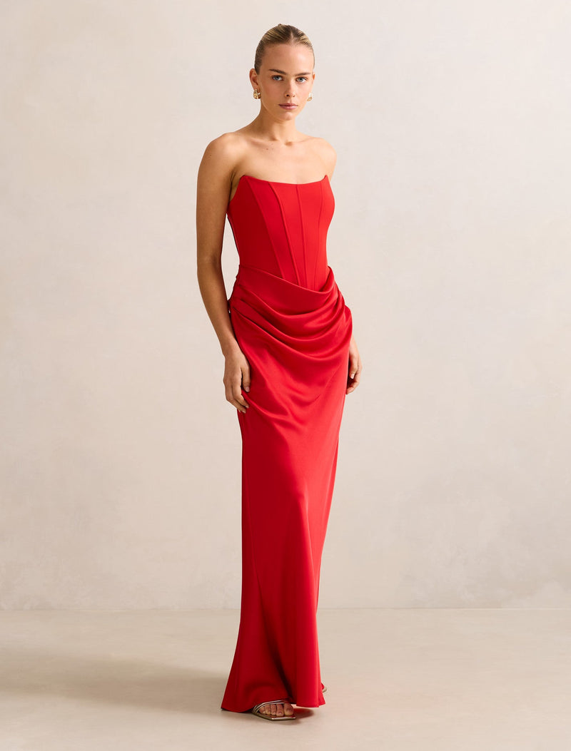 Isra Drape Strapless Maxi Dress Red