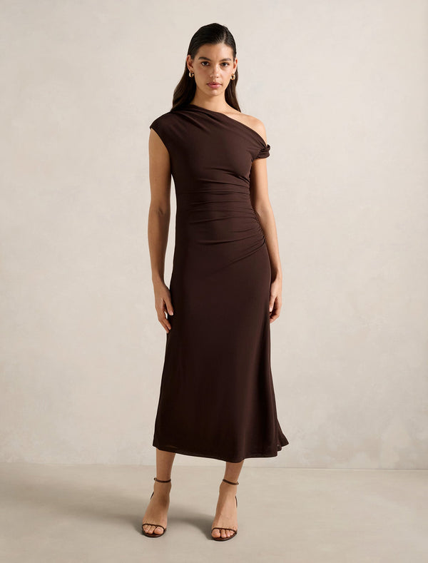 Paris Draped Mesh Midi Dress Chocolate Forever New