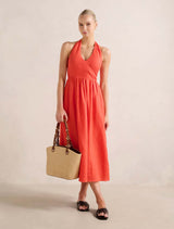 Lilian Wrap Linen Halter Midi Dress Spicy Orange Forever New