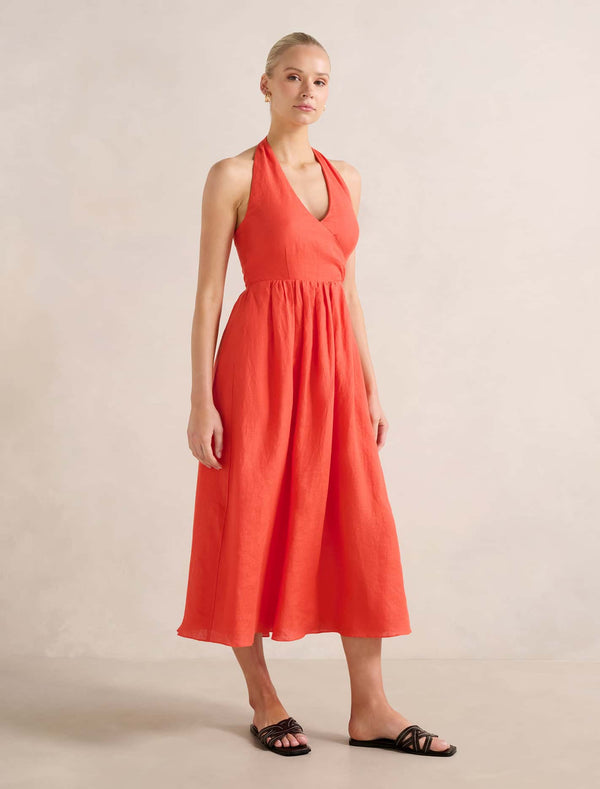 Lilian Wrap Linen Halter Midi Dress Forever New