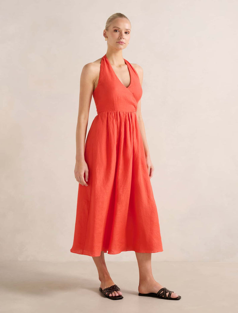 Lilian Wrap Linen Halter Midi Dress Spicy Orange | Forever New Lilian Wrap Linen Halter Midi Dress Spicy Orange | Forever New