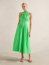 Miller Pleat Halter Midi Dress Shamrock Forever New