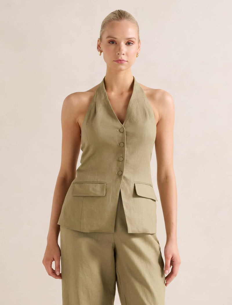 Saxon Halter Waistcoat Washed Khaki Set Forever New