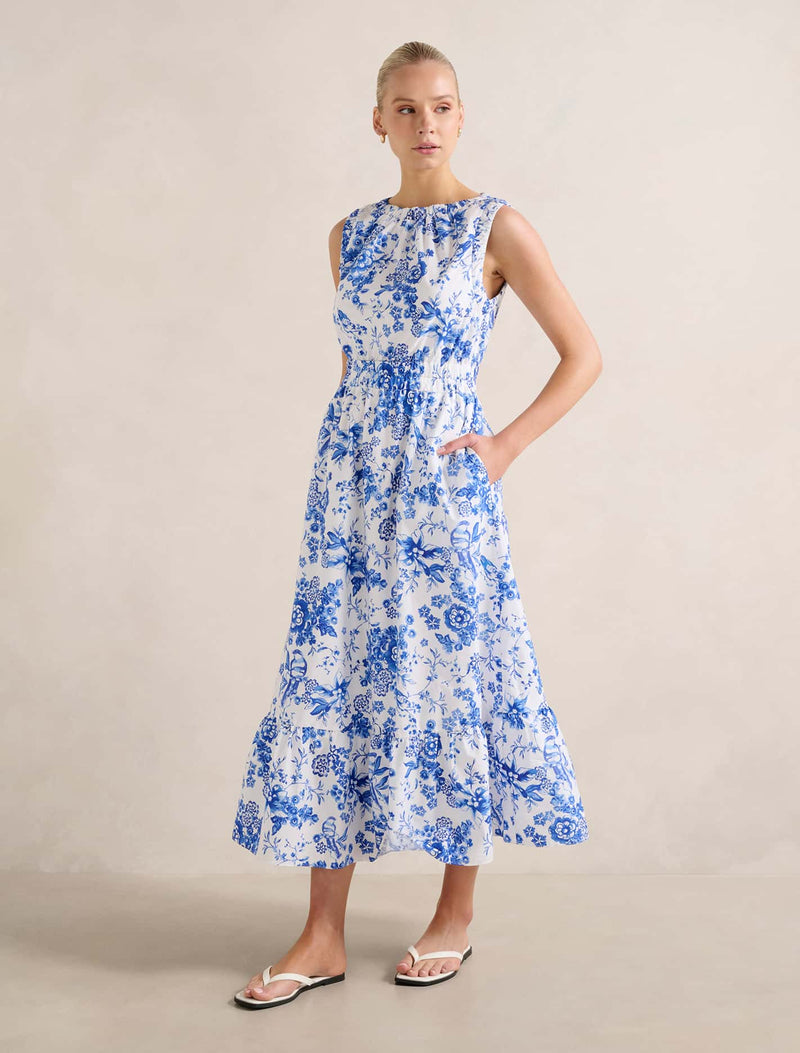 Bella Shirred Cotton Midi Dress Kenai Ditsy