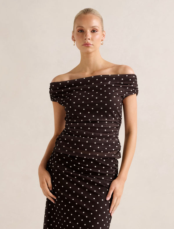 Mimi Off Shoulder Mesh Top Choc Kinsey Co-Ord Forever New