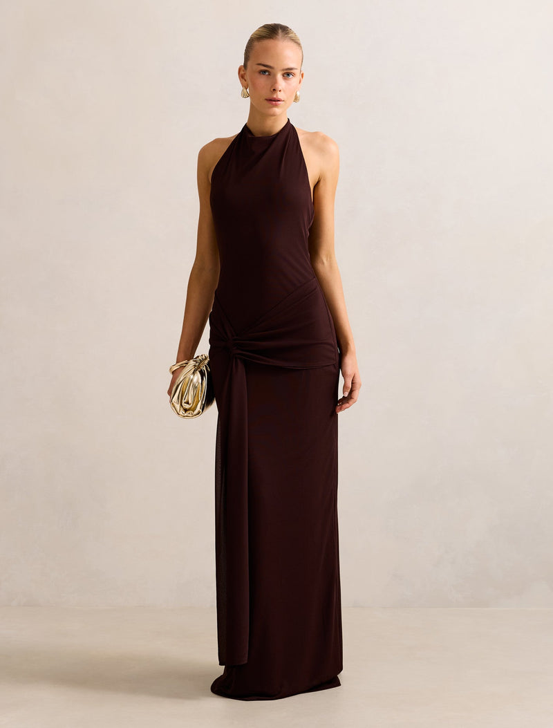 Abby Halter Mesh Maxi Dress Chocolate | Forever New Abby Halter Mesh Maxi Dress Chocolate | Forever New