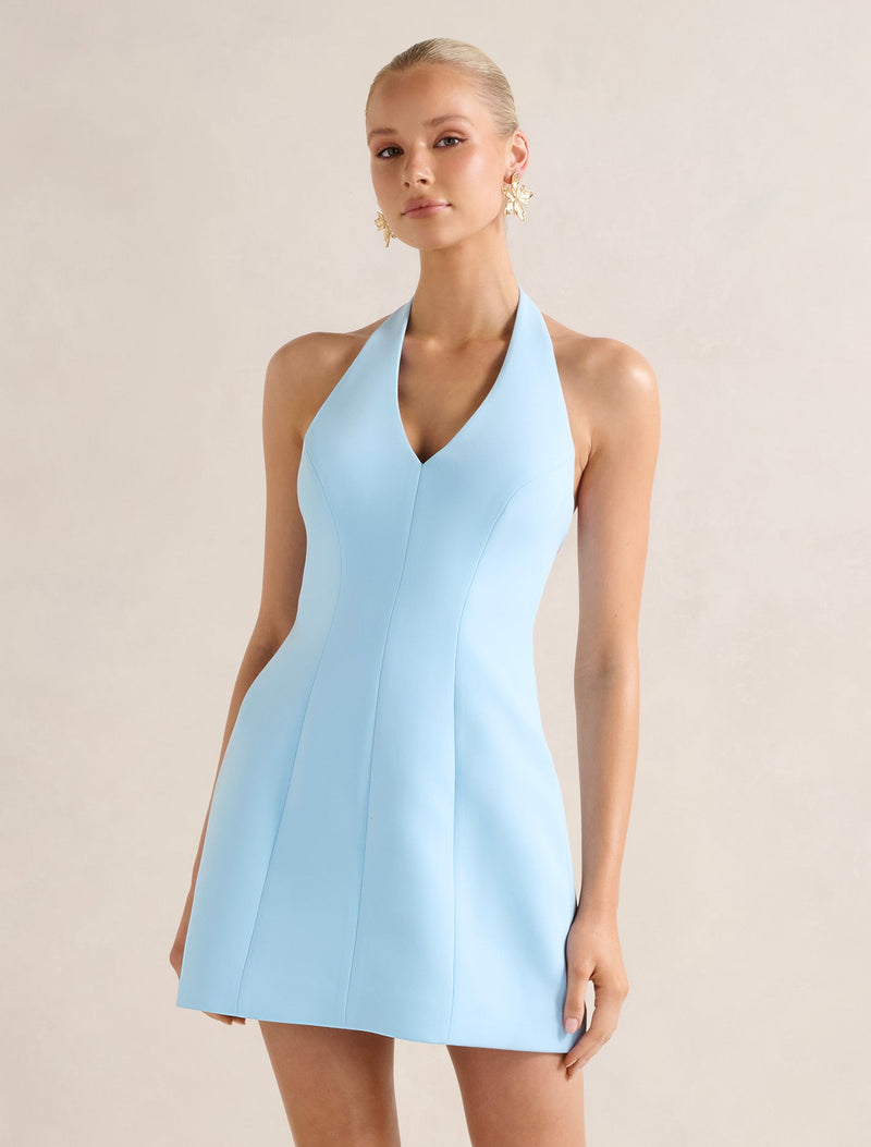 Riley Structured Halter Mini Dress Pretty Blue Forever New