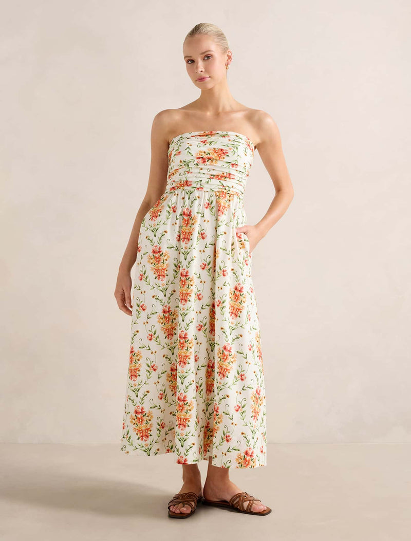 matisse midi dress Matisse Ruched Strapless Cotton Midi Dress Floral