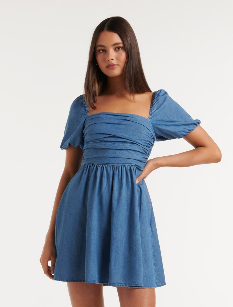 Liana Denim Ruched Mini Dress Forever New