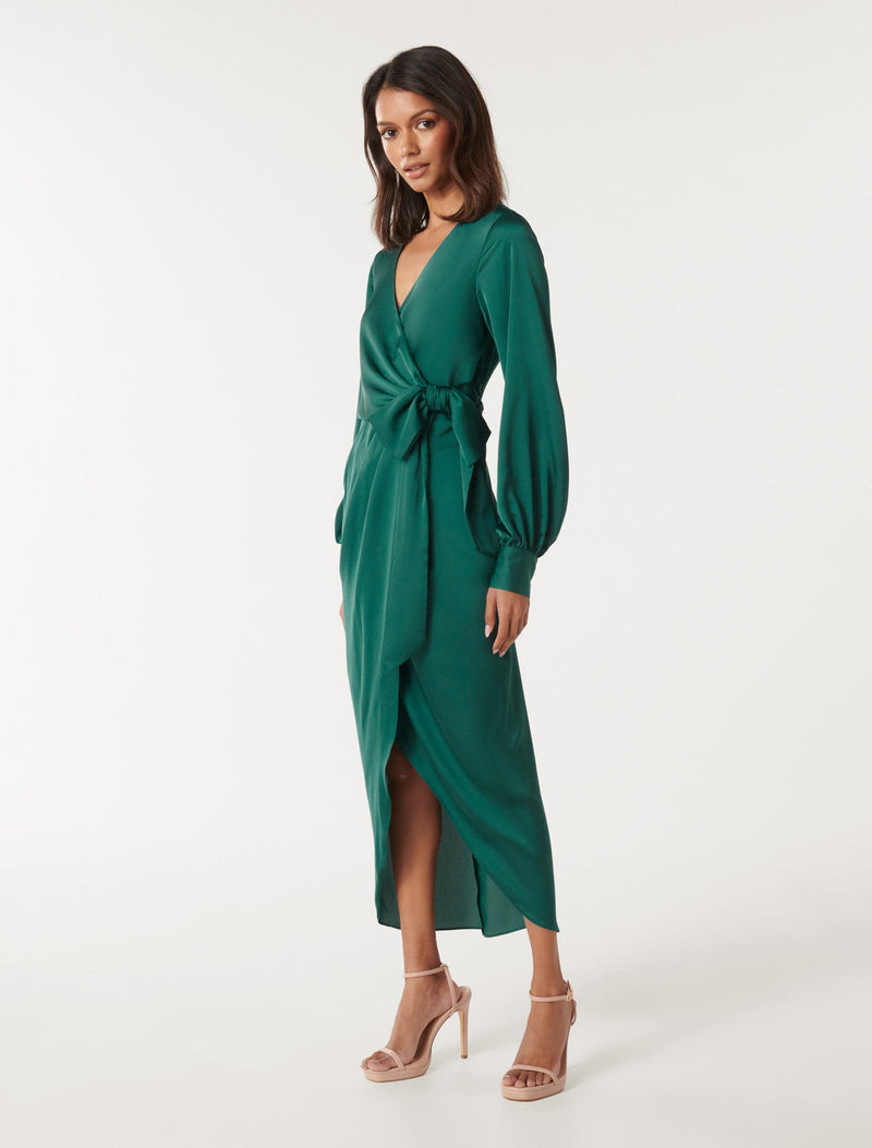 Mirella Petite Wrap Satin Midi Dress Pacific Green | Forever New