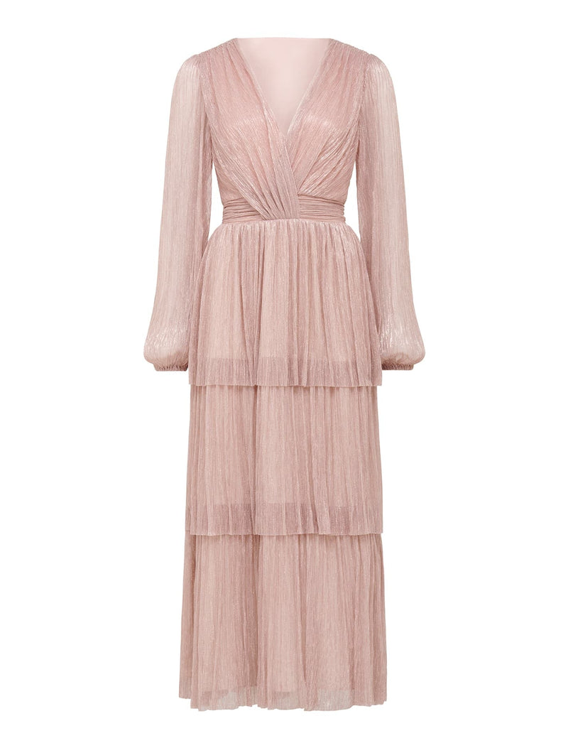 Perrie Tuck Waist Plisse Midi Dress Rose Gold Forever New