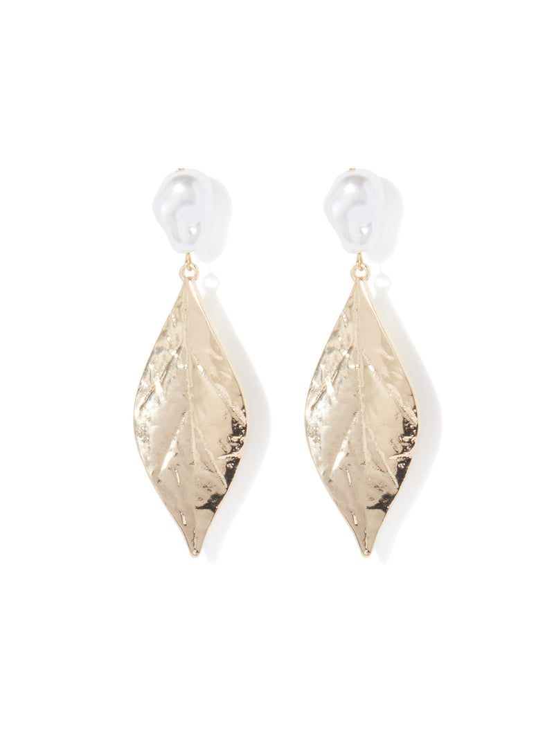 Macy Single Leaf & Pearl Drop Earrings Forever New