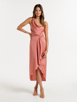 Savannah Cowl Satin Midi Dress - Baked Pink - Forever New