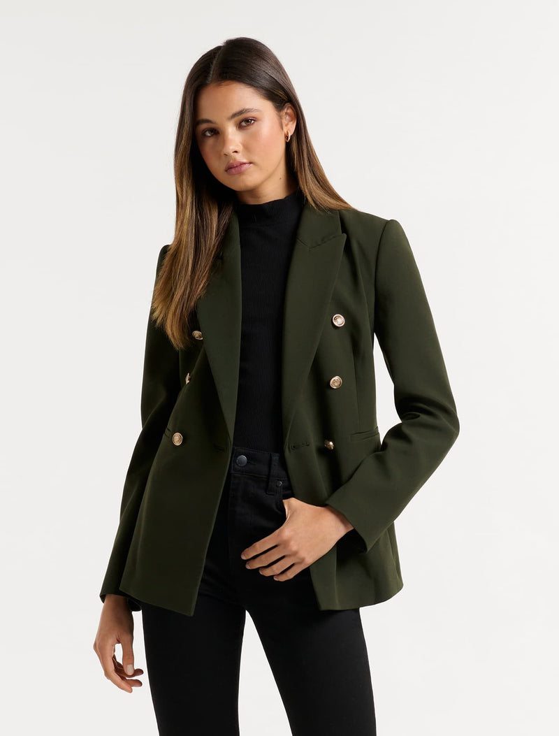 Milly Button Blazer - Dark Khaki - Forever New