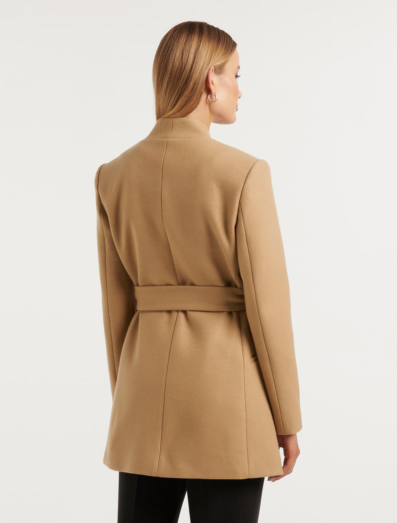 Collarless camel coat discount