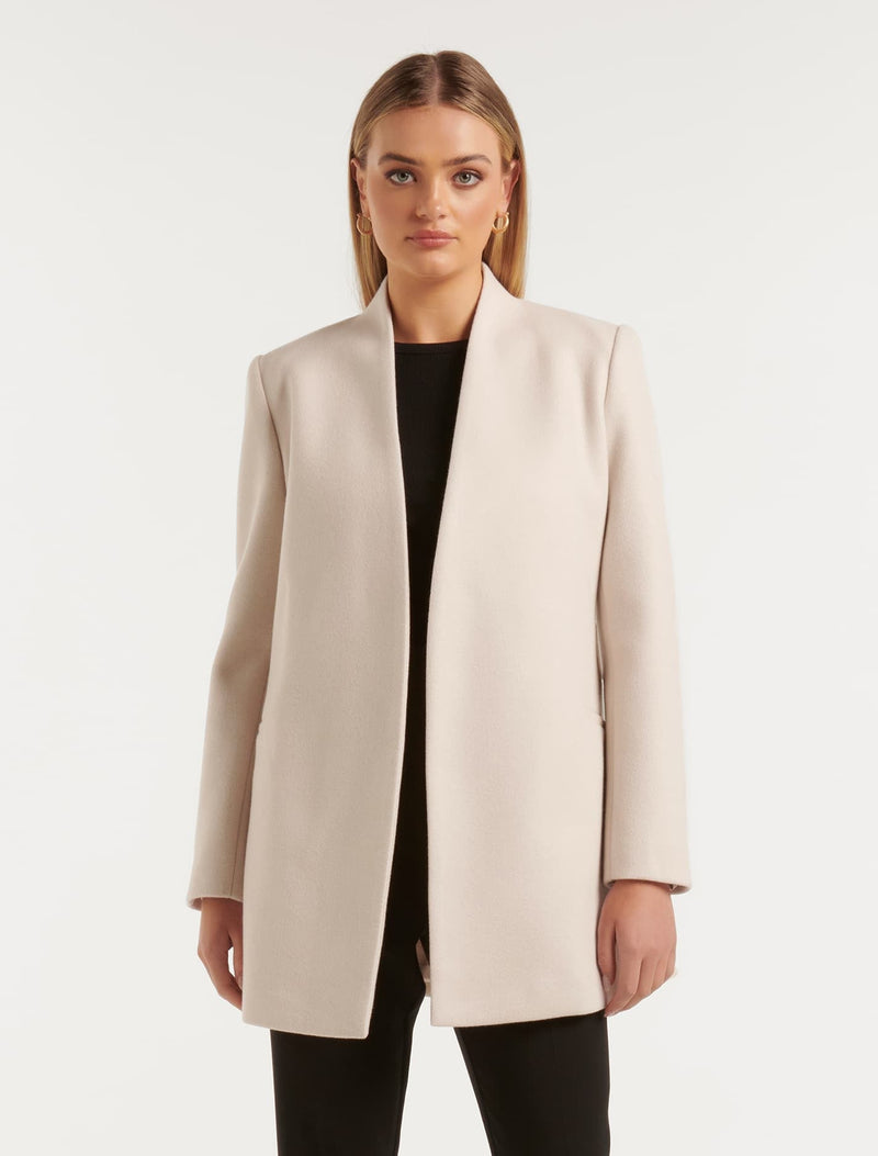 Faye Belted Collarless Coat Cream Forever New