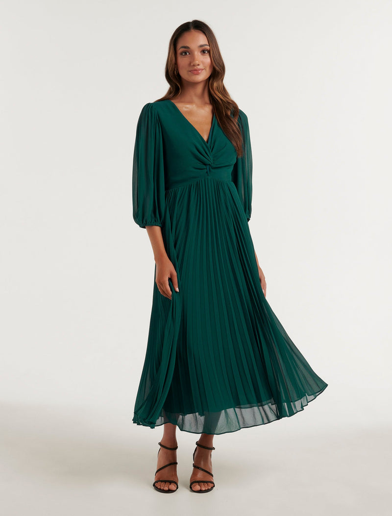 Viviana Petite Pleated Midi Dress Mysterious Green Forever New