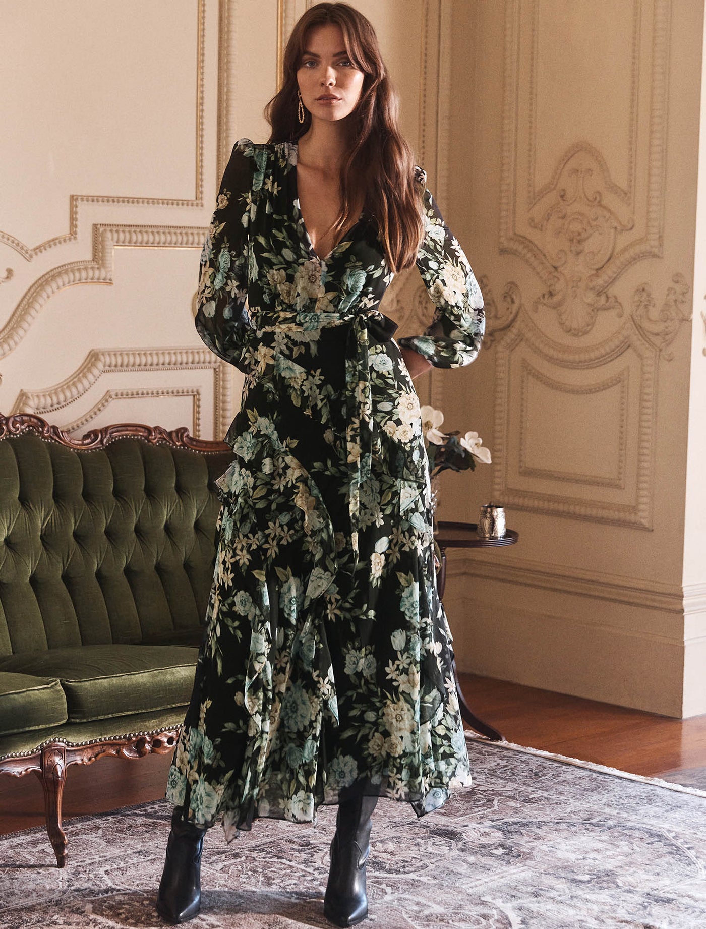 Printed ruffle bib midi dress new arrivals
