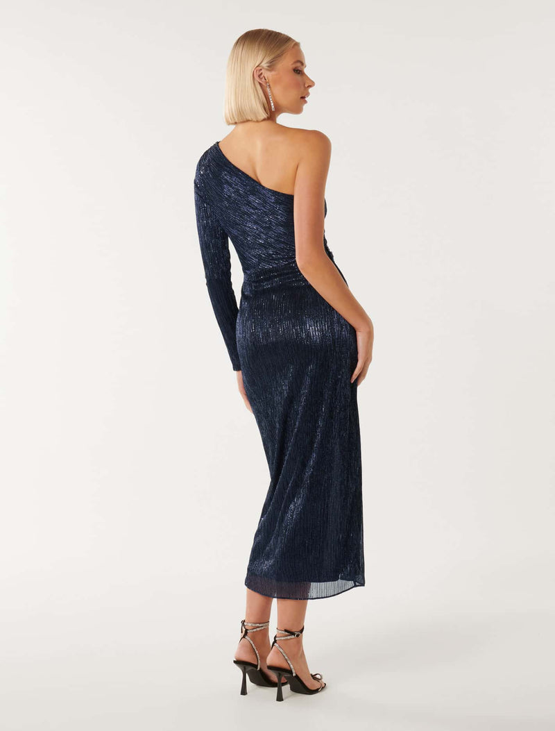 Jean One Shoulder Plisse Midi Dress Forever New