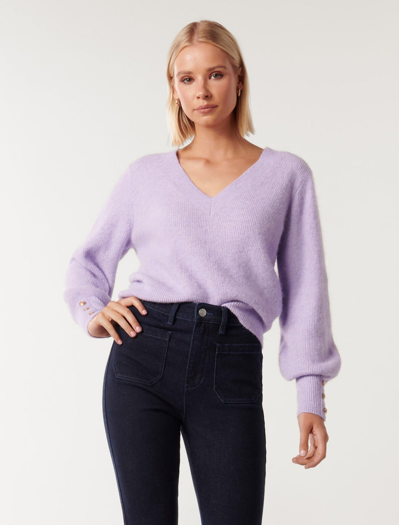 Fearne Button Cuff Knit Jumper Blossoming Lilac Forever New
